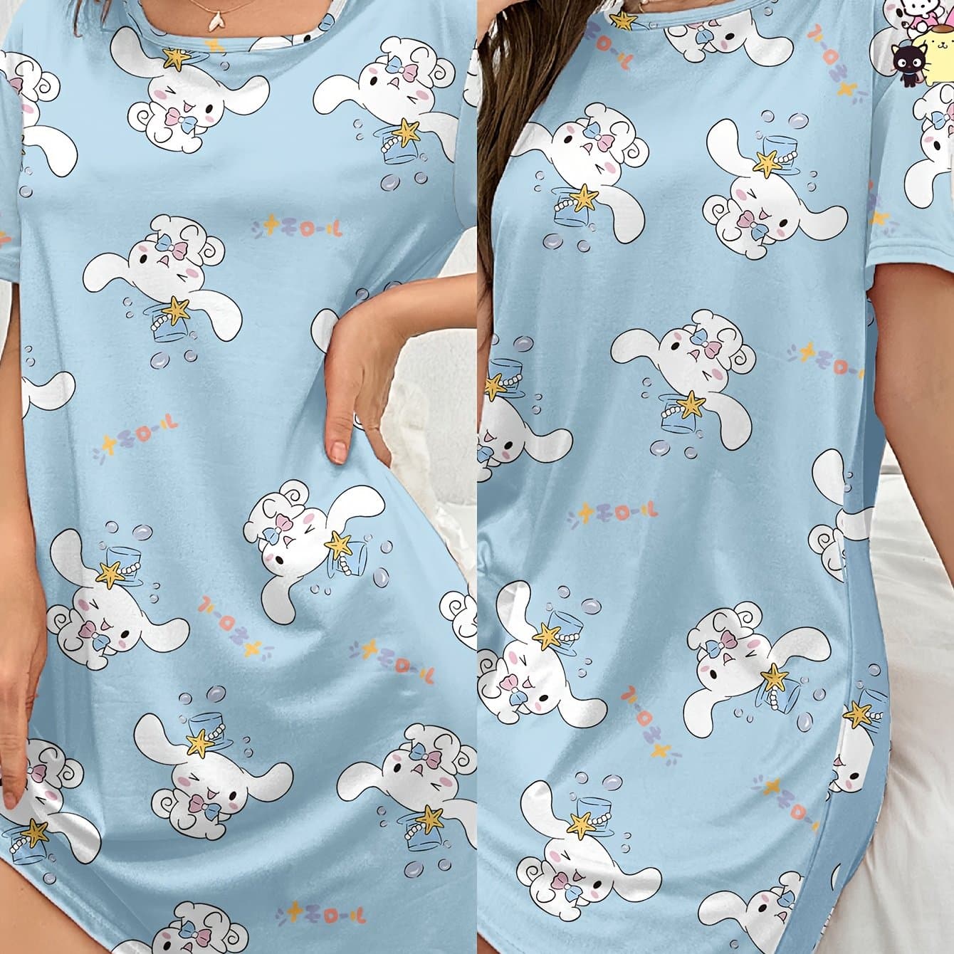 TEMU Cinnamoroll Blue Printed Women's Dress, Summer Round Neck Short Sleeve Casual Nightgown