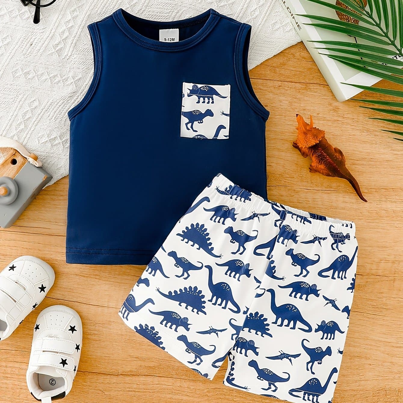 TEMU Boy's Popular Dinosaur Vest Set & Chest Pocket Top Patterned Shorts Set & Casual Trendy Versatile Comfortable Boy Set, For Outdoor