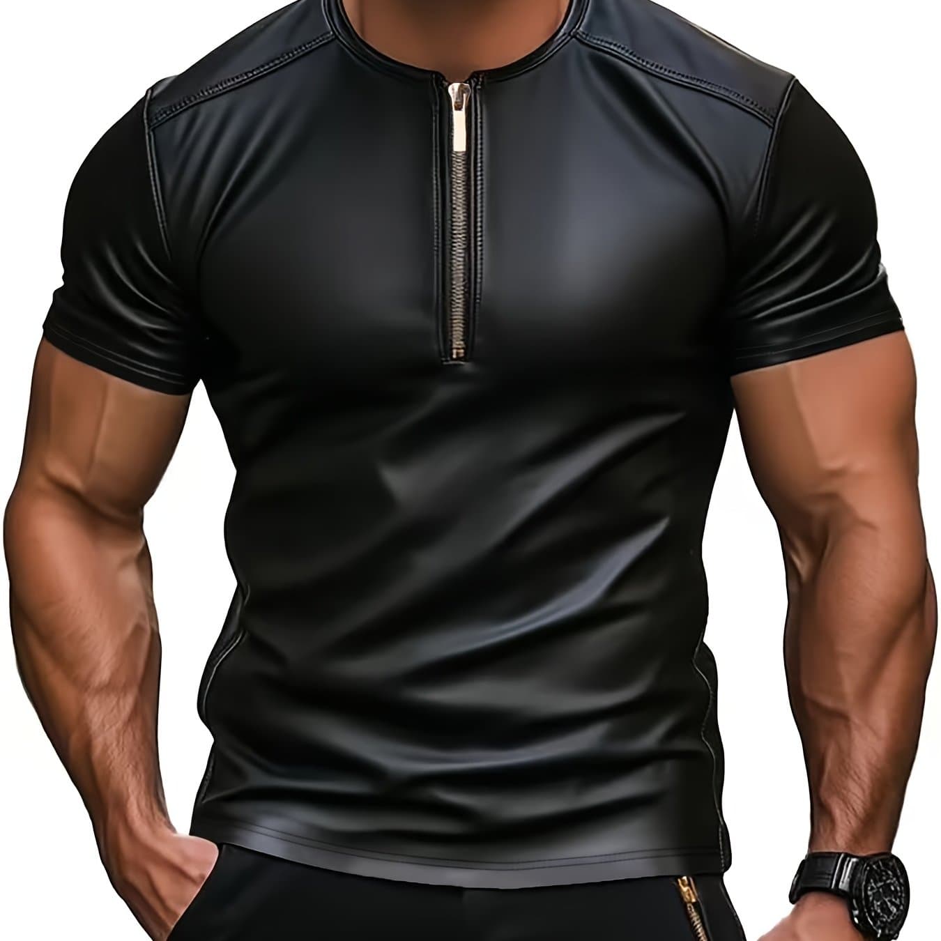 TEMU Men's Stylish Black Henley Shirt - Casual Summer Short Sleeve With Zipper Detail, Stretch Knit Fabric, Regular Fit Henley Neckline, Smooth Fabric For Casual Attire