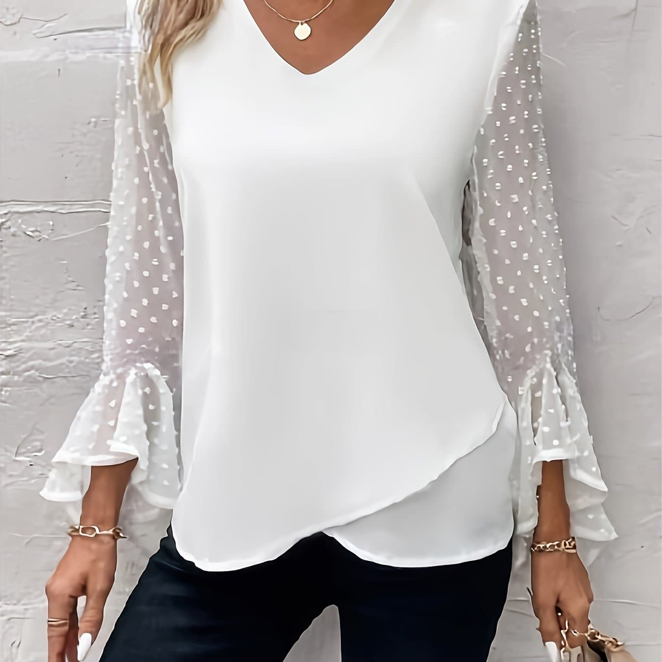TEMU Spring/summer -neck Chiffon Long Sleeve Elegant Top