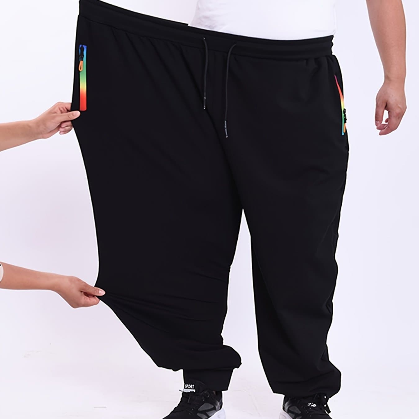 TEMU Men's Plus Size Casual Sports Trousers 2xl-9xl - Loose Fit, High Stretch, Zipper Closure, , Weekend Casual Attire, Casual Sports Apparel | Relaxed Fit Trousers | Comfortable Design
