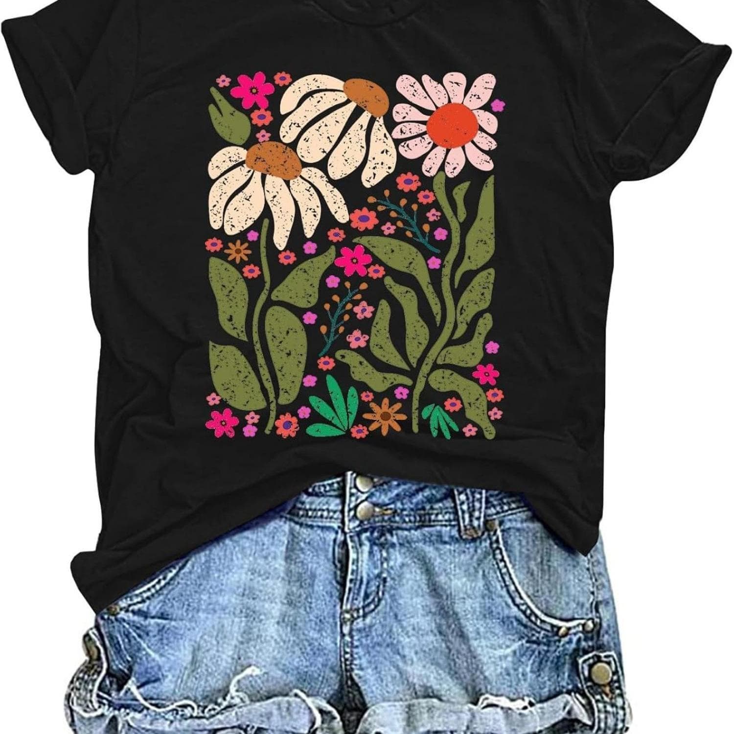 TEMU Plus Size, Women's Floral T-shirt, 100 Neck Tee, Vintage Boho Print Top, Casual Fabric Shirt For Garden Lovers, Casual Wear Tee | Design | 100% Tee