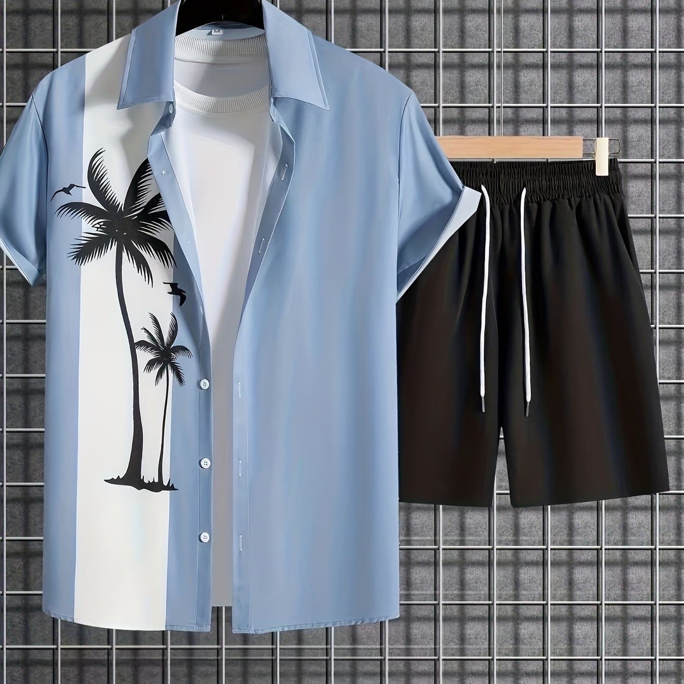 TEMU 235# Men's Suit Positioning Print Shirt + Drawstring Waist Shorts Two-piece Set
