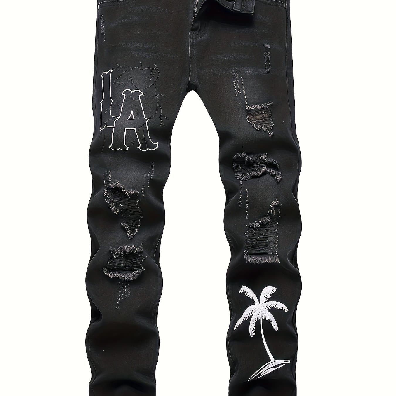 TEMU Men's Slim Fit Letter & Palm Tree Embroidered Ripped Frayed Skinny Jeans For Men Halloween Gifts