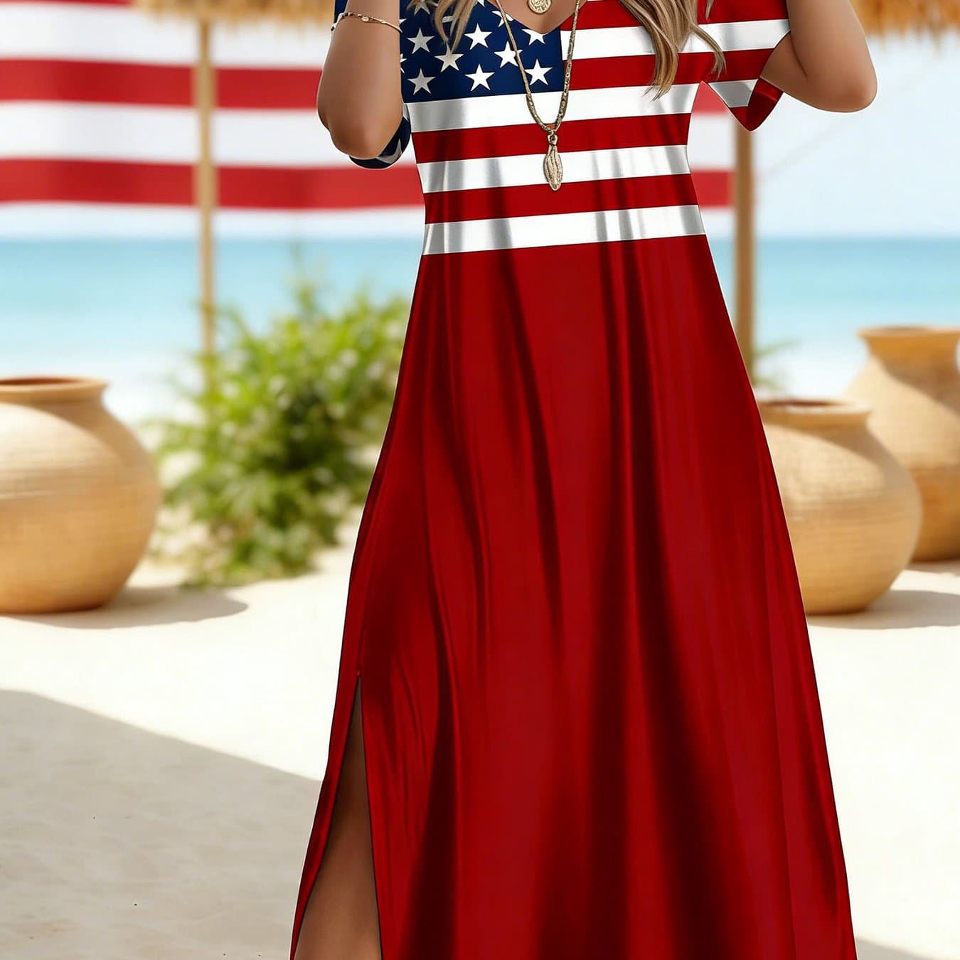 TEMU Us 250th Anniversary Women's Flag Print Midi Dress | Short Sleeved V Neck, Side Slit Design, , Slight Stretch Fabric, Perfect For Spring/summer