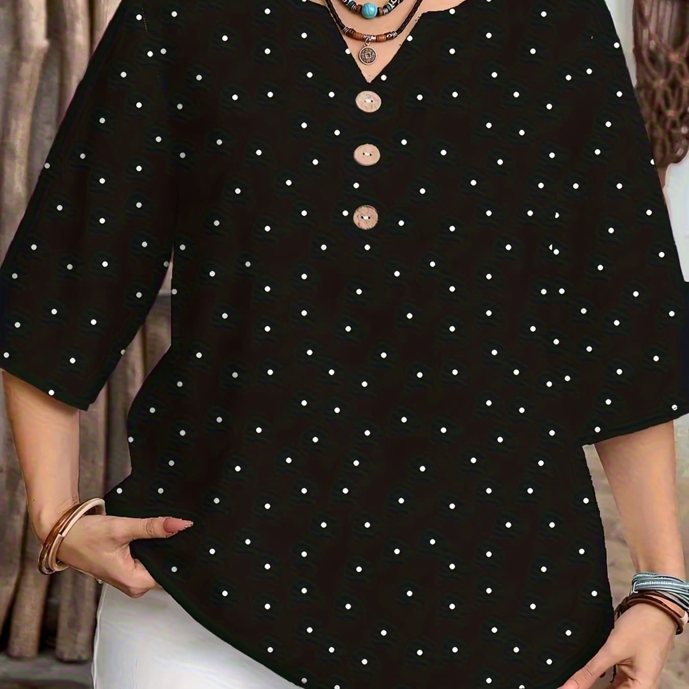 TEMU Plus Size, European And Size New Random Print Notched V-neck Elegant Casual Top Shirt