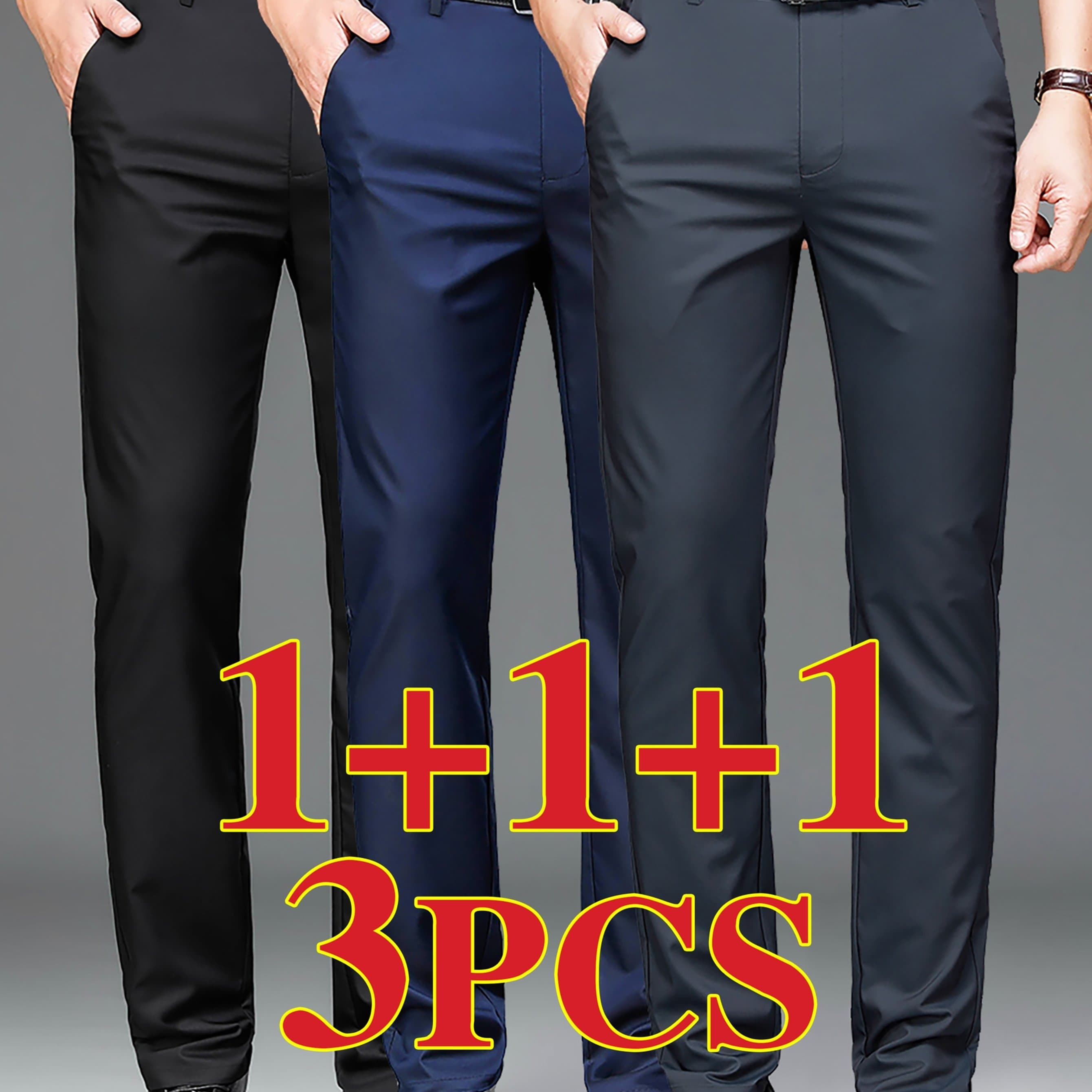 TEMU A Set Of 3 Men's High- Wrinkle-resistant Straight-leg Trousers, Featuring A High Waist Suitable For Business And Casual Wear. Come With A Button And Zipper Design, Are Machine Washable
