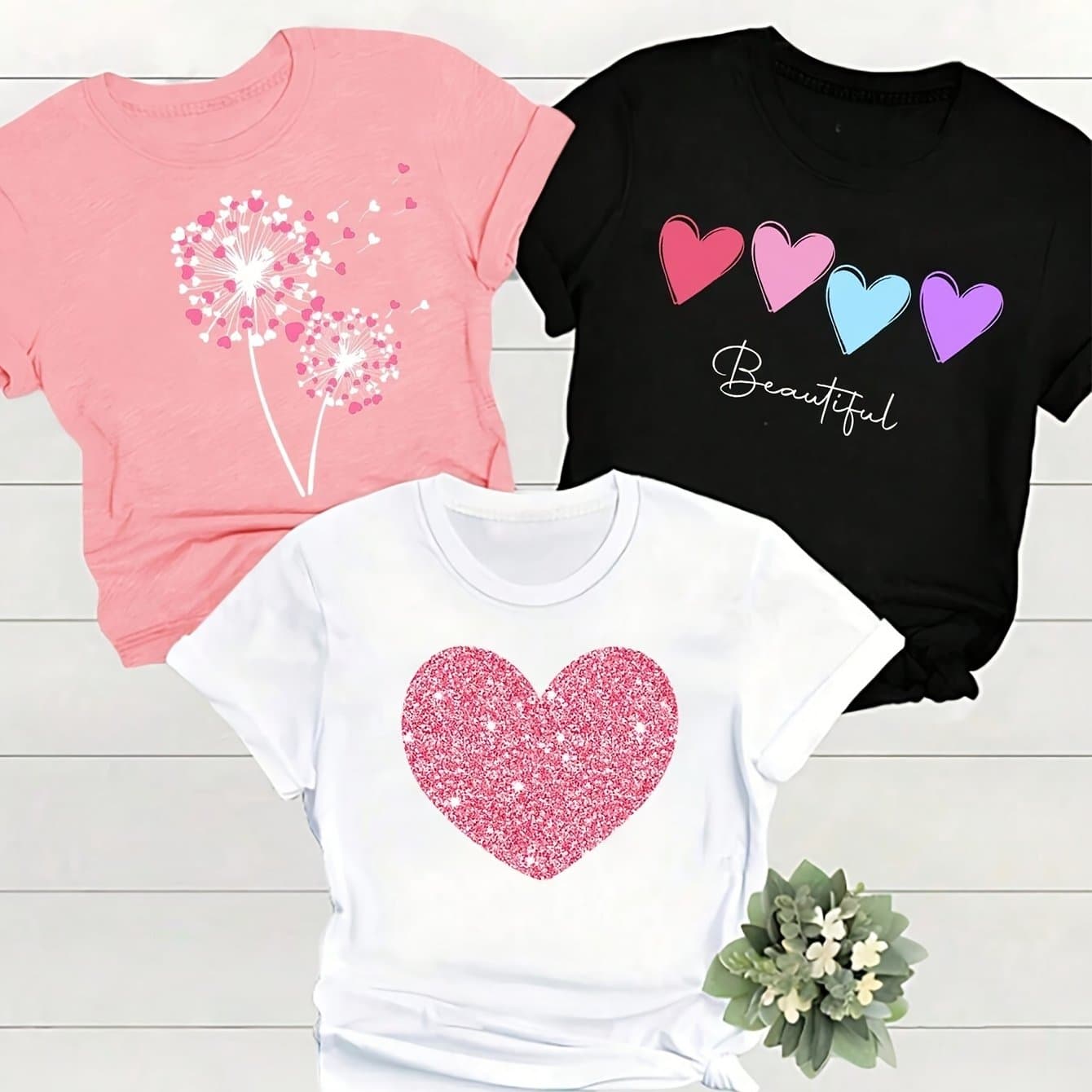 TEMU 3pcs Women's Casual Short Sleeve T-shirts - "beautiful" With Heart & Flower Prints, Polyester, Round Neck, Summer Tee, Wear, Casual Summer Wear | Floral Print Top | Polyester Fabric