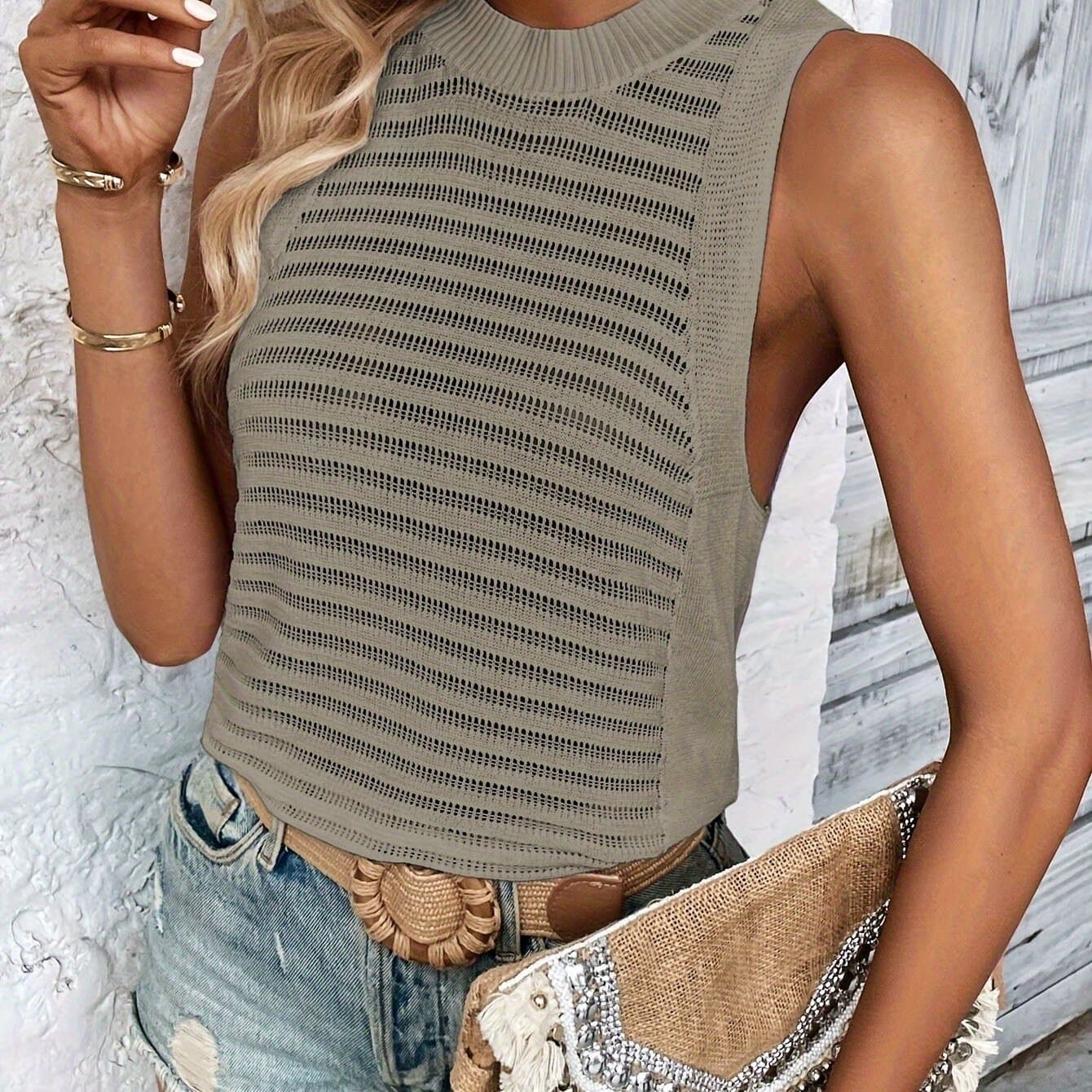 TEMU Yx2403 Women' Color Round Neck Sweater Vest, Spring Summer Autumn Hollow-out Casual Sleeveless Vest