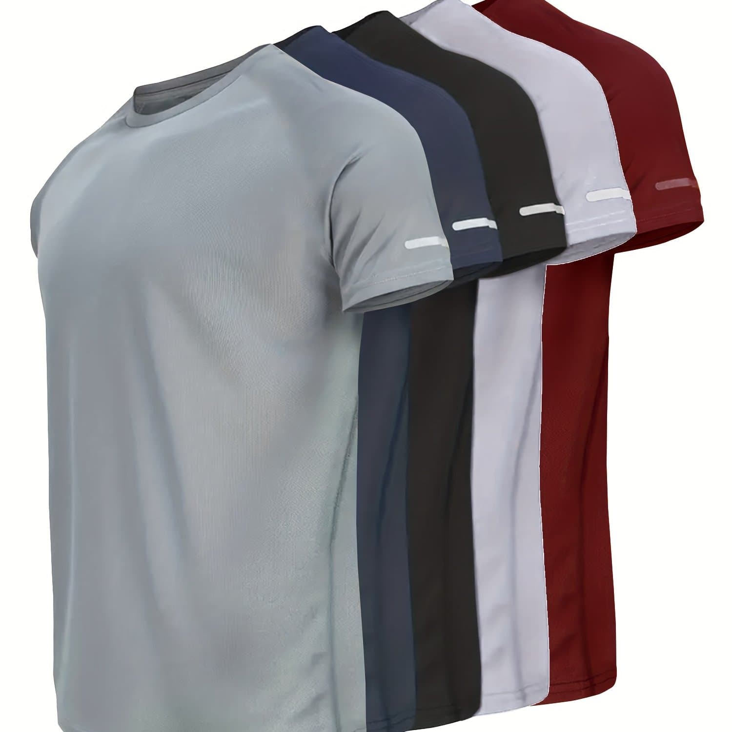 TEMU 5pcs Printed Men's Quick- T-shirts With Reflective Strips, Breathable And Quick-dry Short Sleeve Crew Neck T-shirts, Moisture-wicking Tops For Gym, Fitness, And Running