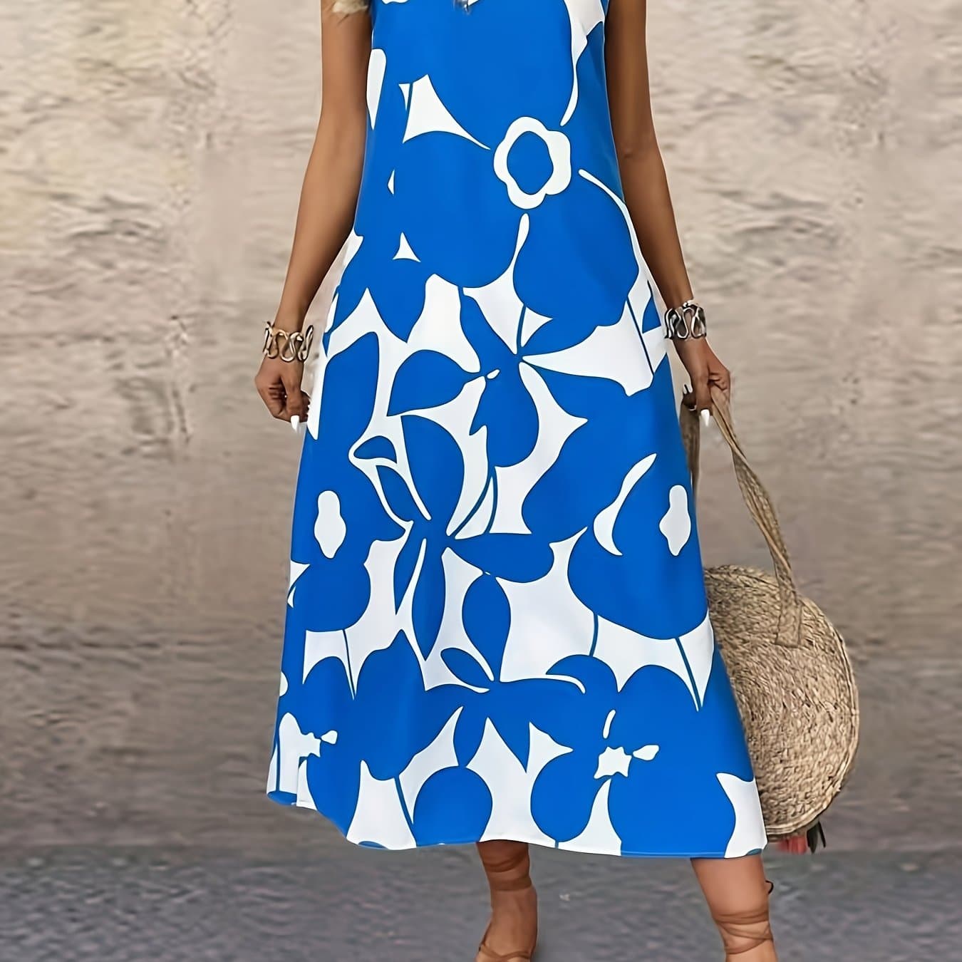 TEMU Printed Loose Round Neck Sleeveless Casual Dress