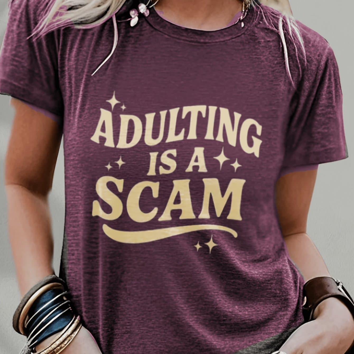 TEMU Plus Size, Dark Purple Short-sleeve T-shirt With Scam Text Print - Casual Round Neck Blouse Suitable For Casual Attire, Machine Washable Non- Top, - Basic Wardrobe Essential For Adults