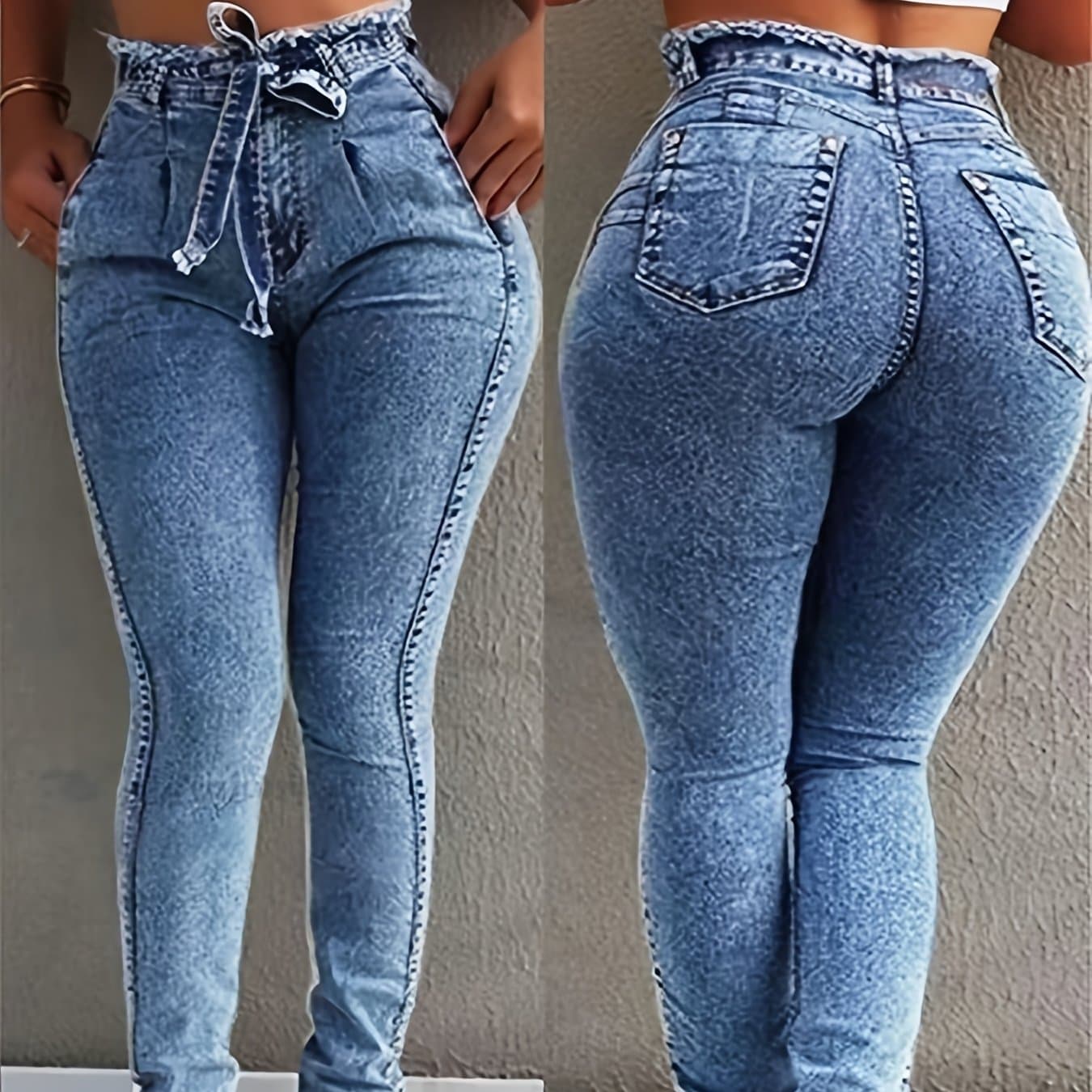 TEMU Women's Mid-rise Fashionable Casual Jeans | Blue Skinny Jeans With -lifting Stretch, Lace-up Detail, Suitable For All , Perfect For Home, Office, And Outdoor Activities