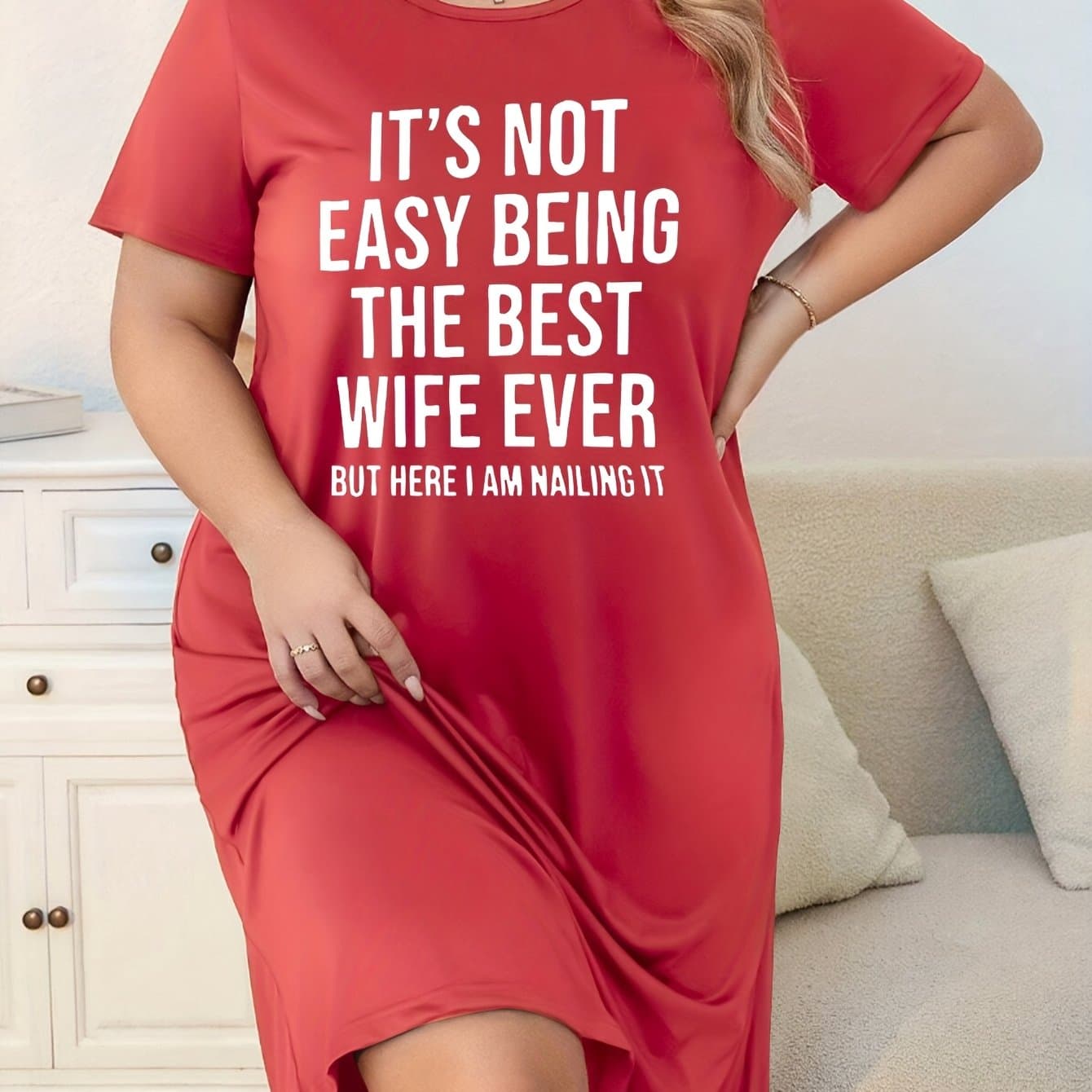 TEMU Women's Red T-shirt Dress With " Not Easy Being The Best Wife" Printed Letters-short Sleeve Crew Neck Casual Lounge Dress, Pajamas For All , Women's Sexy Pajamas Tops,