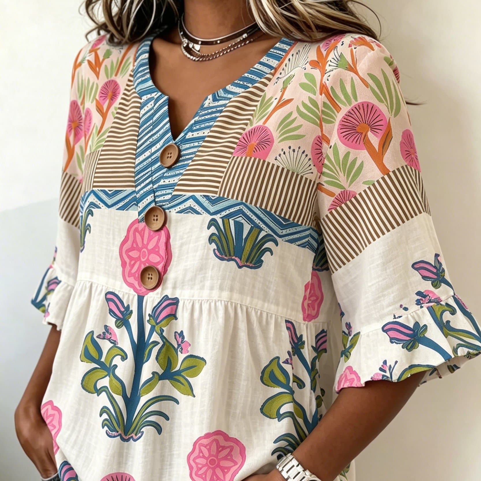 TEMU Ethnic Style Blouse With Wooden Buttons And Floral Print