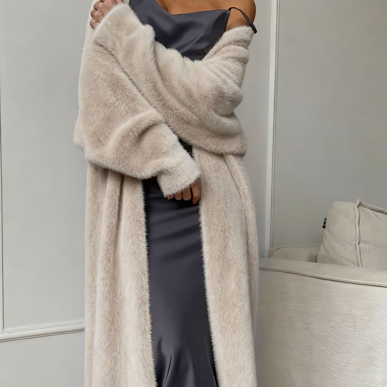 TEMU Mink White Cardigan Coat For Women, Loose Fit, Fluffy Long Cardigan For Autumn And Winter