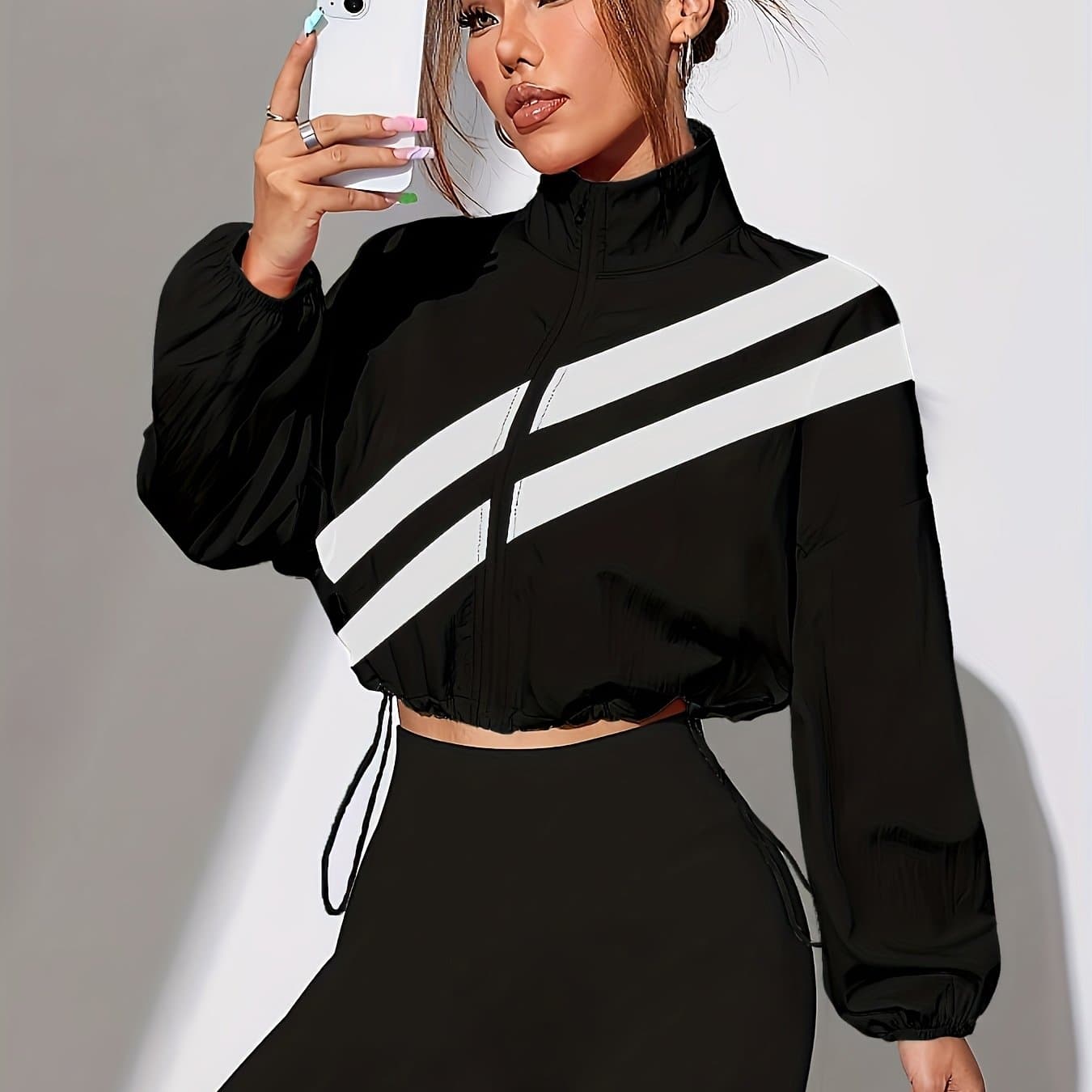 TEMU A Full-zip Stylish Sports Jacket With Pockets, Featuring A Drawstring Hem, Suitable For Spring And Autumn, Ideal For Running, Fitness, And Other Athletic Activities