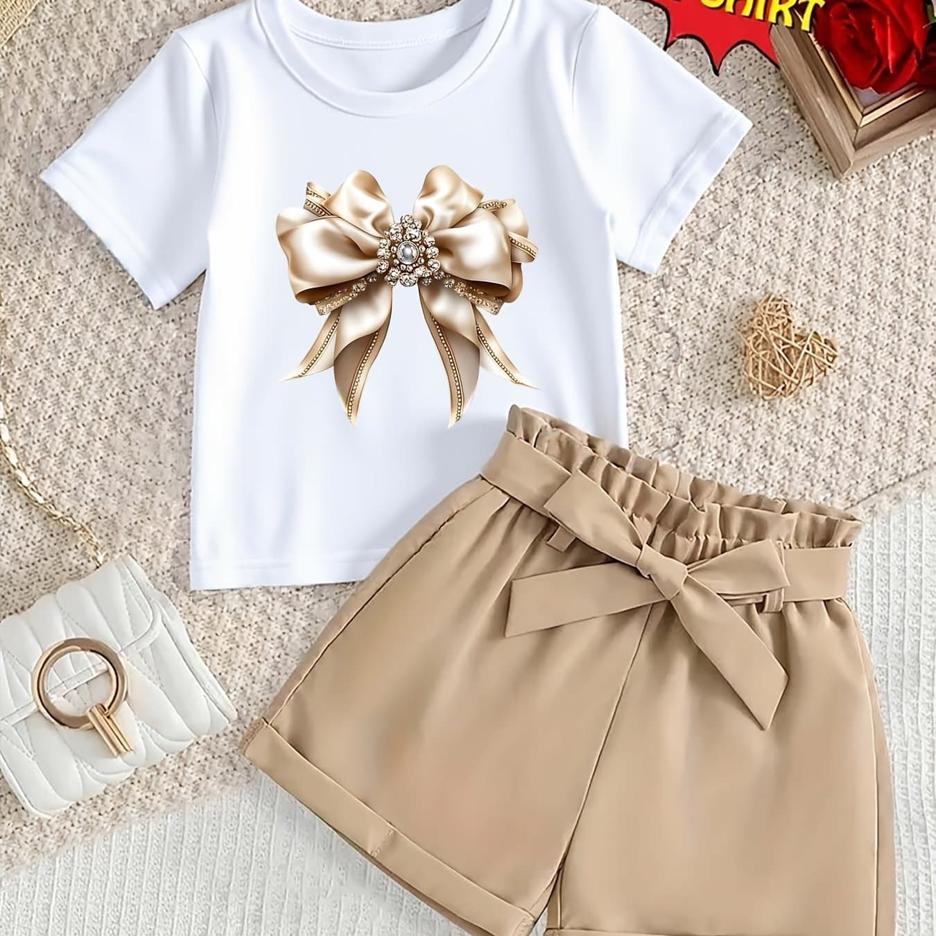TEMU Girls' Single Short-sleeve T-shirt With Cartoon Bow Print, Soft And Comfortable Fabric, Suitable For Outdoor Leisure And Daily Wear