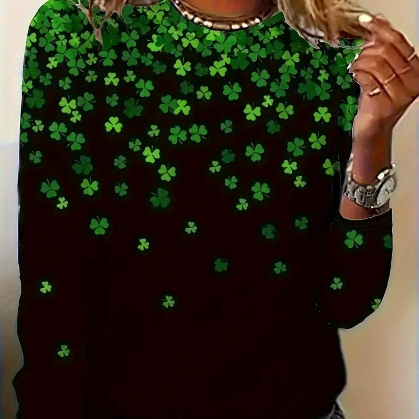 TEMU Women's Clover Print Long Sleeve Casual T-shirt - Soft Medium Stretch Fabric, Round Neck, Relaxed Fit, Comfortable Wear - Perfect For Daily Life, Work, Or Leisure