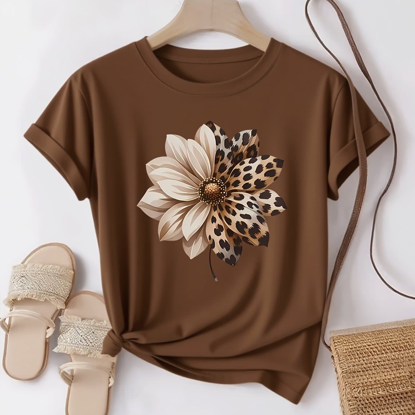 TEMU Lazy - Style Brown Short - Sleeve T - Shirt | Leopard - Print Flower A For Relaxed Outfits, Suitable For Daily Casual Wear, Showcasing Natural And Elegant Style, Essential For Summer Parties,
