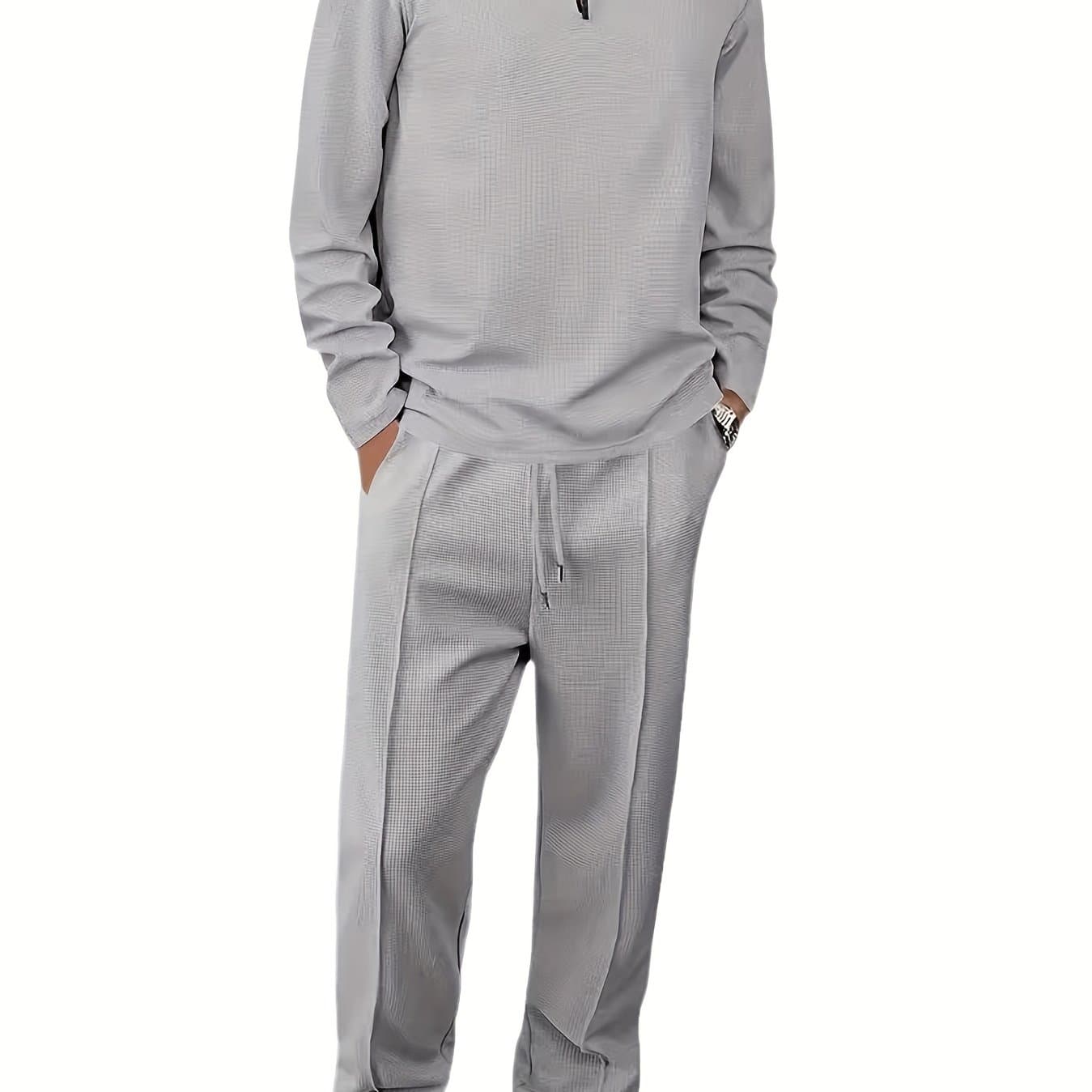 TEMU Mens 2pcs Outfits, Fall Waffle Knit Long Sleeve Top & Pants Set, Comfortable Breathable Casual Sports Tracksuit For Daily Workout