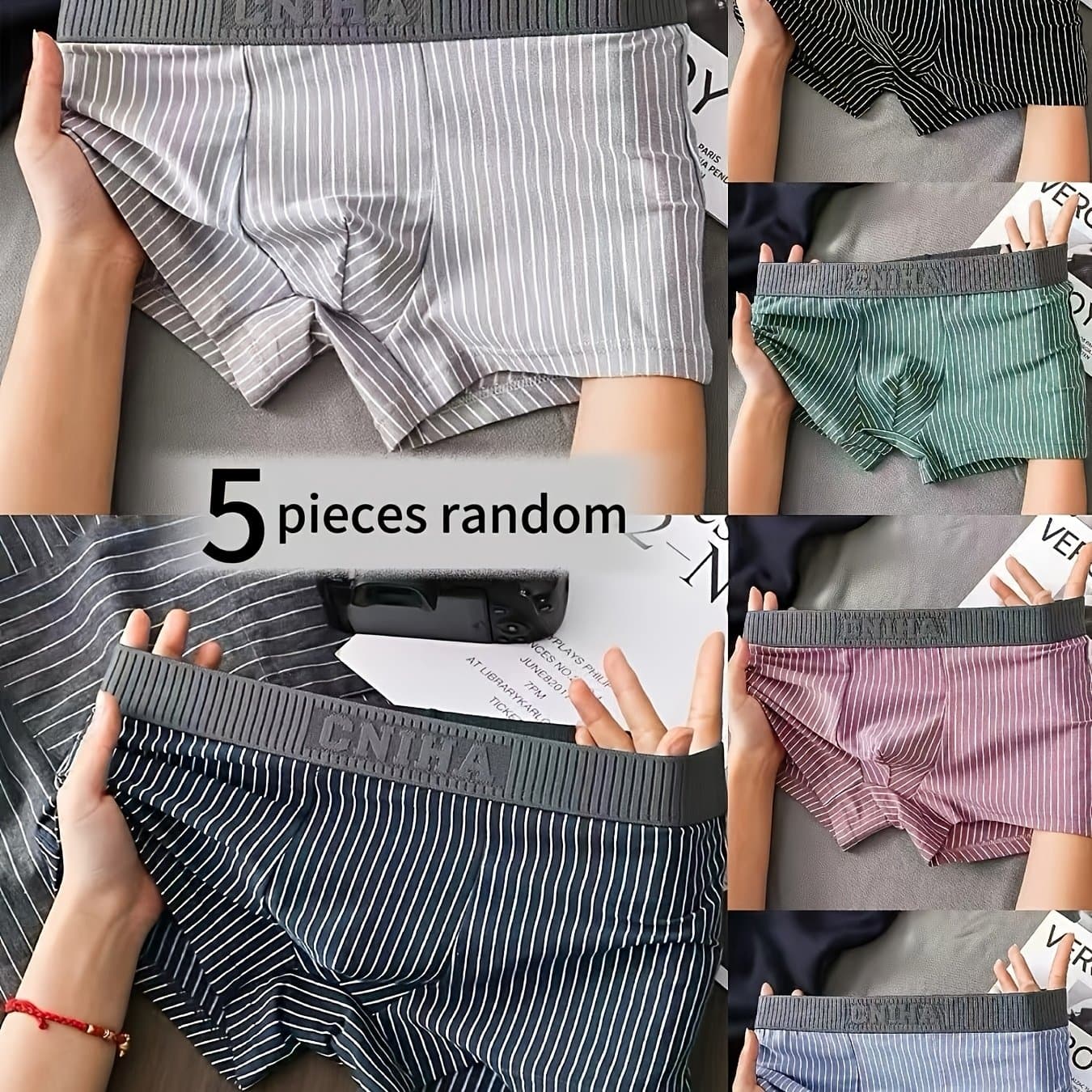 TEMU Random 5-pc Men' Boxer Briefs, Striped Design - Breathable And Comfortable - High-elastic Waistband