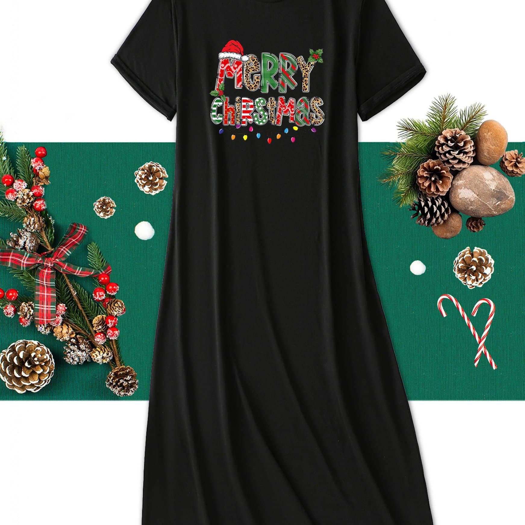 TEMU Casual Christmas Attire For Women - Made Of 95% And 5% Stretch, Featuring A Round Neck, Short Sleeves, Relaxed Fit, And A Festive Pattern For