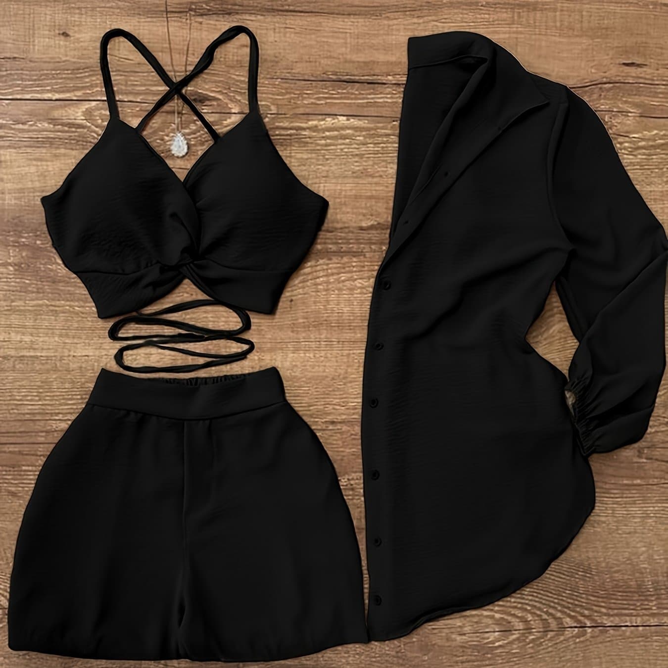 TEMU Women'-piece Set: Camisole Top, Shorts & Shirt - Perfect For Daily Vacation