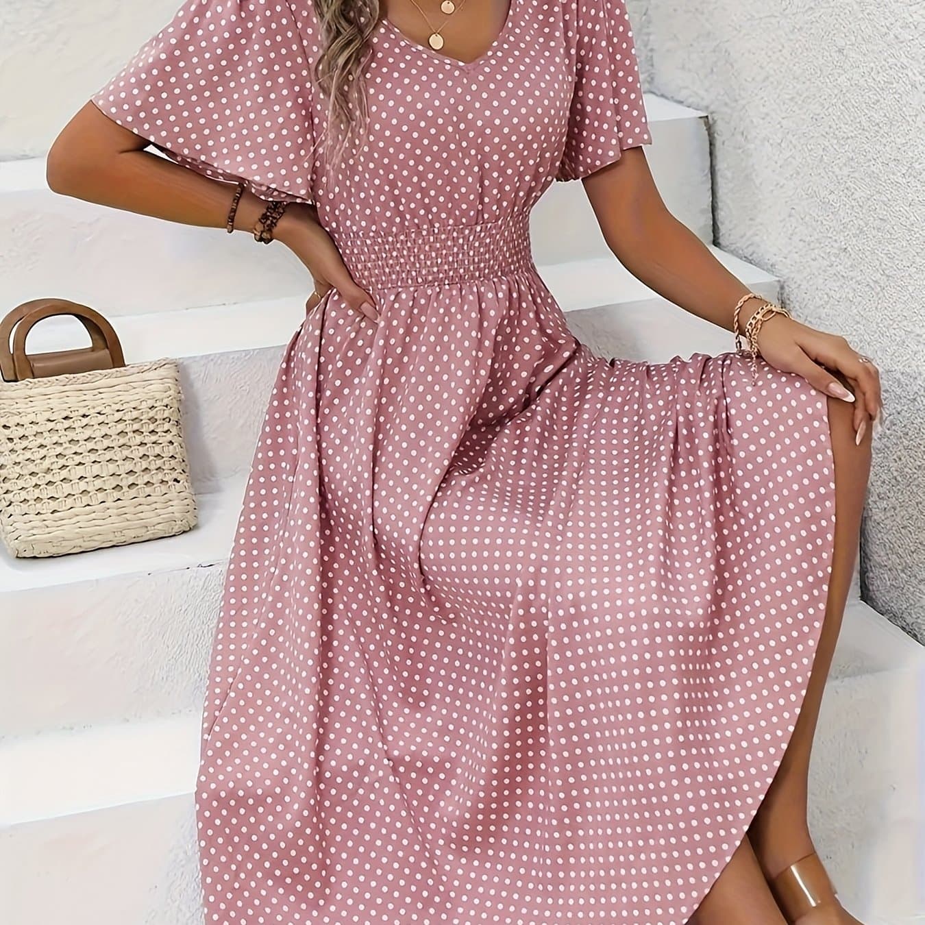 TEMU Stylish Pink Polka Dot Midi Dress For Ladies - Casual V-neck, Sleeves, Fitted Waist Design, Made From Lightweight, Ideal For Spring And Summer, Machine Washable