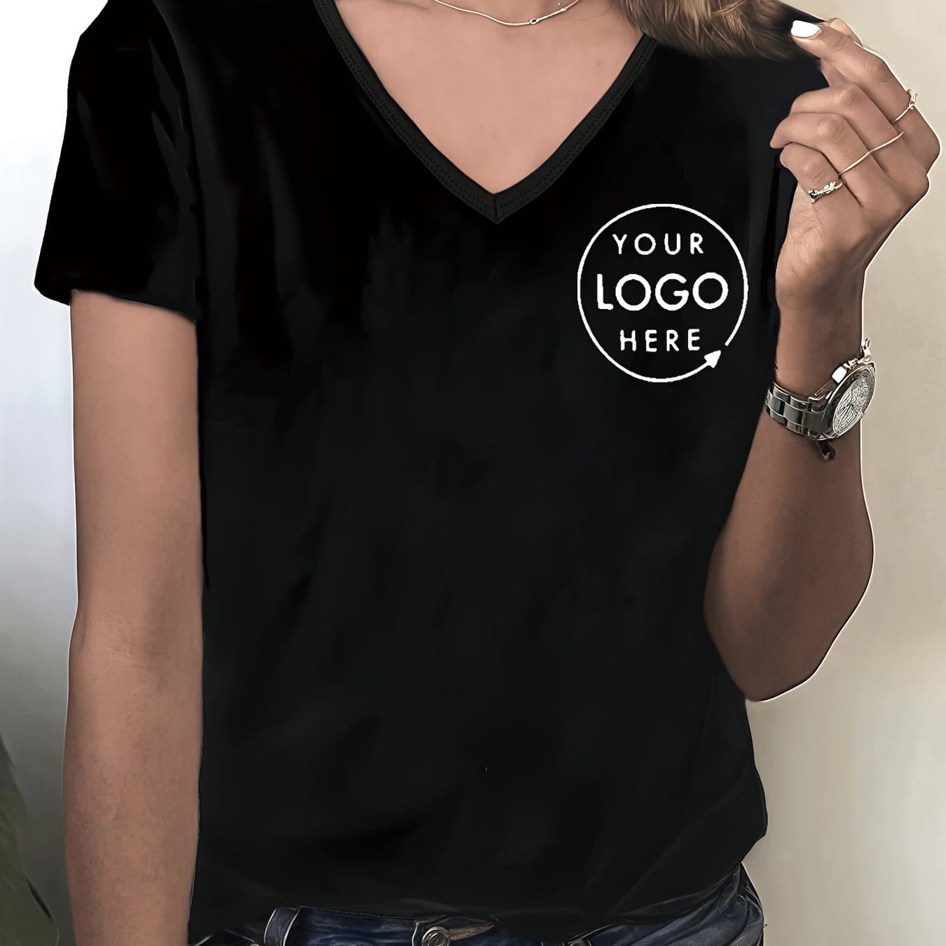 TEMU Custom V-neck Short-sleeve T-shirt For Women With Custom Print