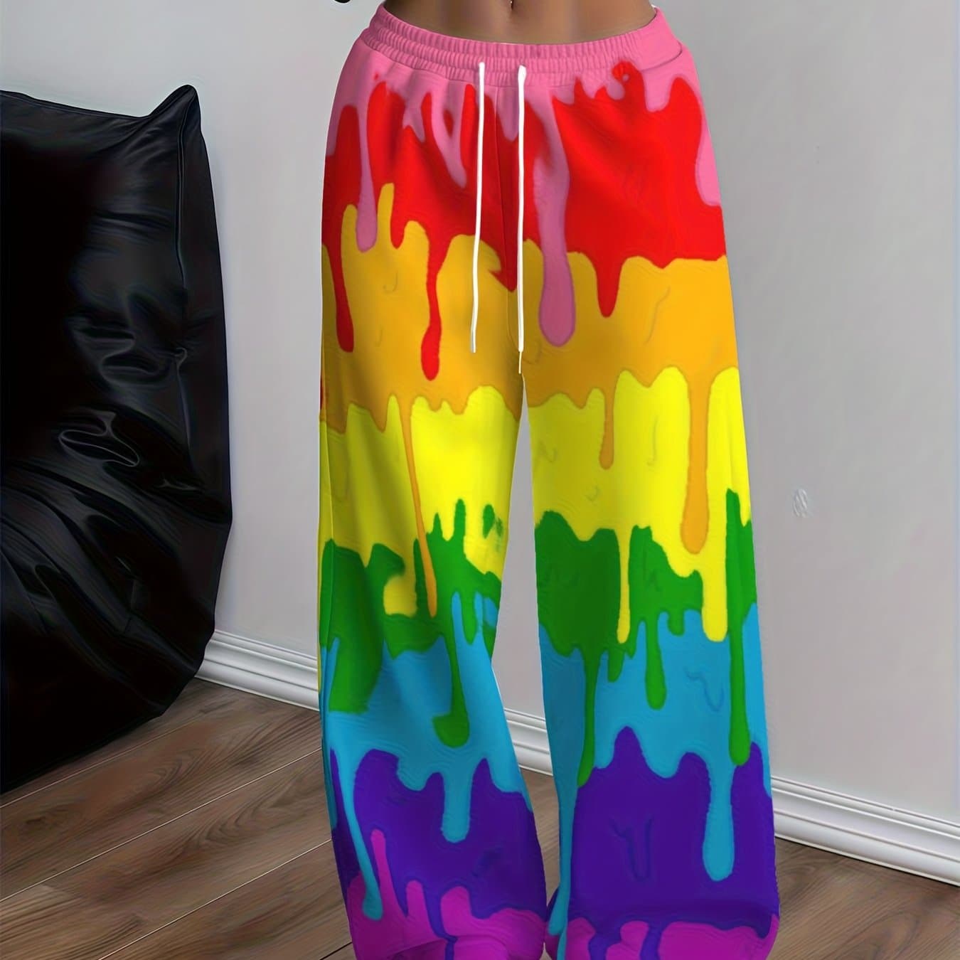 TEMU Plus Size Joggers For Women Featuring A Vibrant Rainbow , Designed With A Loose Fit And Straight Legs, Complete With An Elastic Waistband And Drawstring, Suitable For All