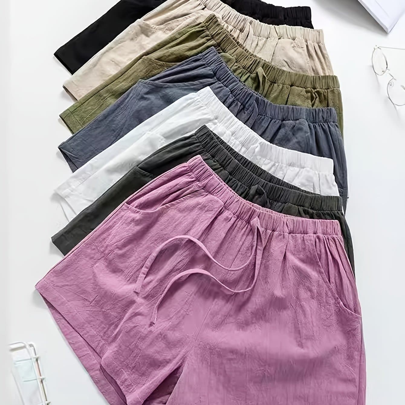 TEMU 7pcs 2026 Summer Women's High Waist Shorts, Casual Loose Drawstring Wide Leg Beach Shorts, Thin Elastic Waist With Pocket Bottoms