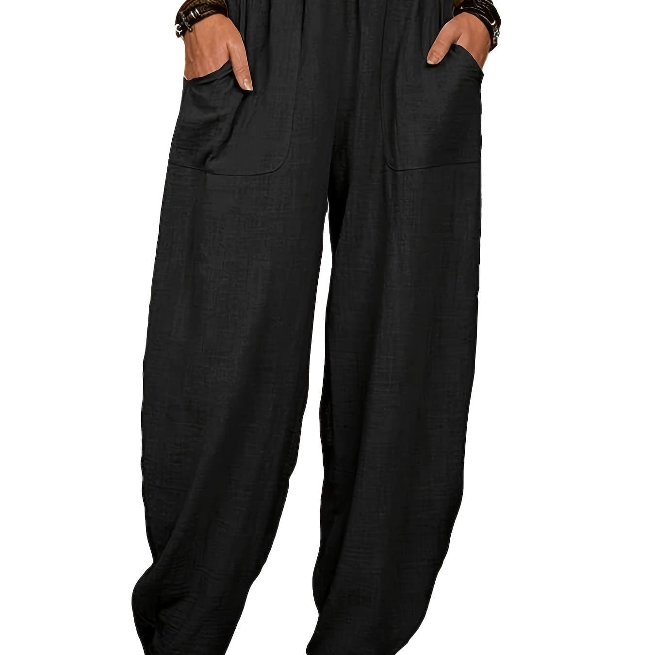 TEMU Women's High Waist Loose Harem Pants Linen Elastane Breathable Lounge Trousers With Pockets Crinkle Texture Casual Daily Wear (note: Runs Small, Please )