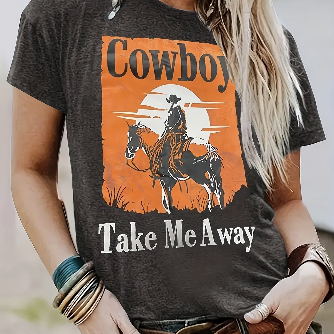 TEMU Women's Western Cowboy Graphic T-shirt - "cowboy " Design, Casual Crew Neck, Lightweight & Breathable For Spring/summer Wardrobe, Spring Summer Top | Western Style Shirt | Machine Washable Shirt