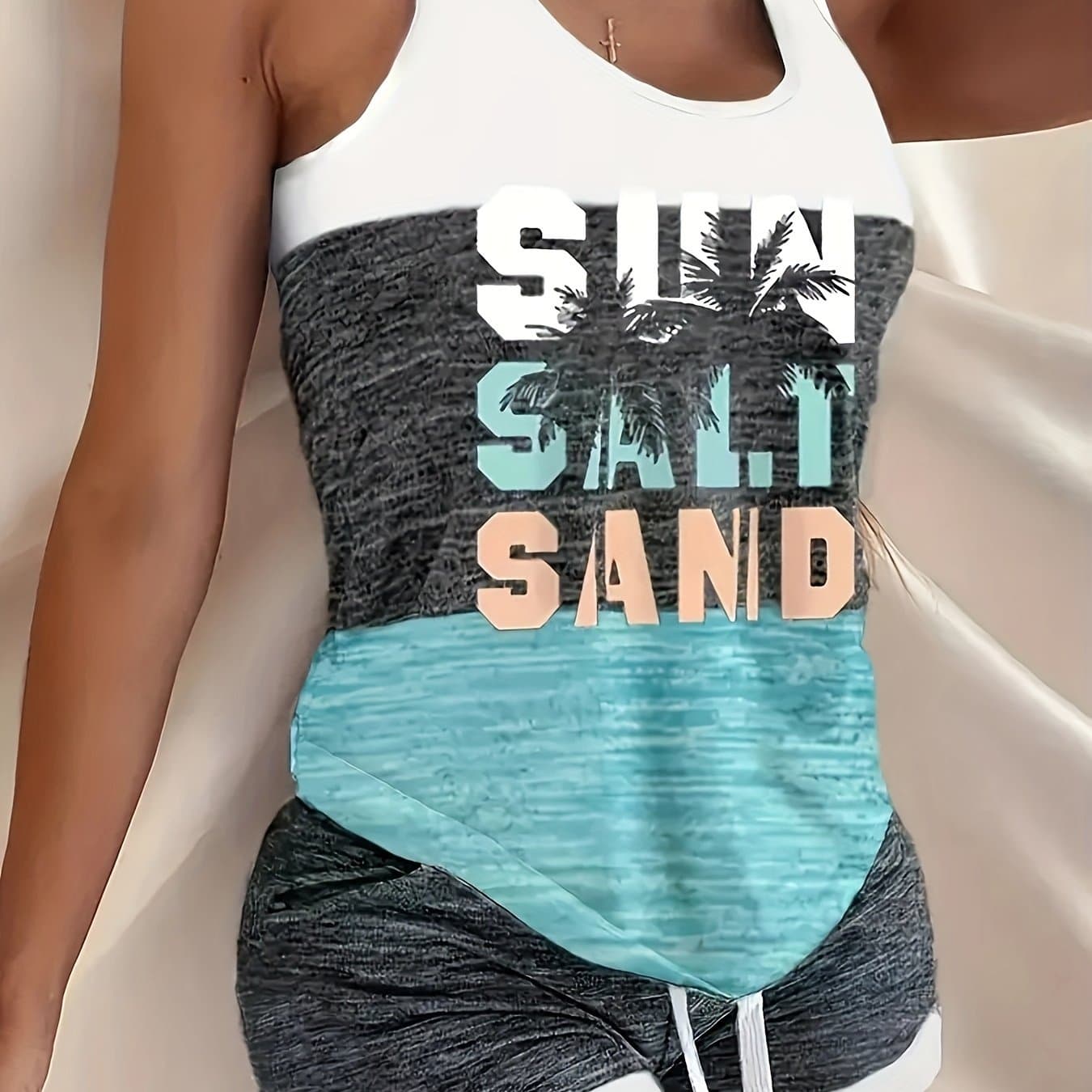TEMU Plus Size - Plus Size - Coconut Tree Print 2pcs Set, Round Neck Sleeveless Vest And Drawstring Waist Shorts Outfit, Women's Clothing