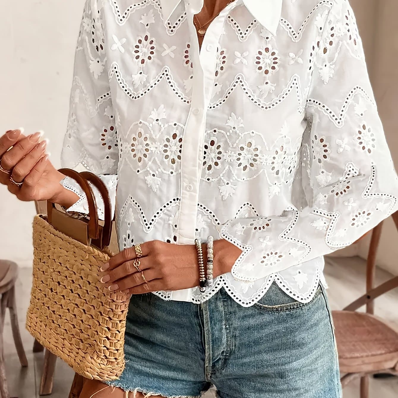 TEMU Women's Elegant Blouse, Hollow-out Design, 100%, Lapel Collar, Solid Color
