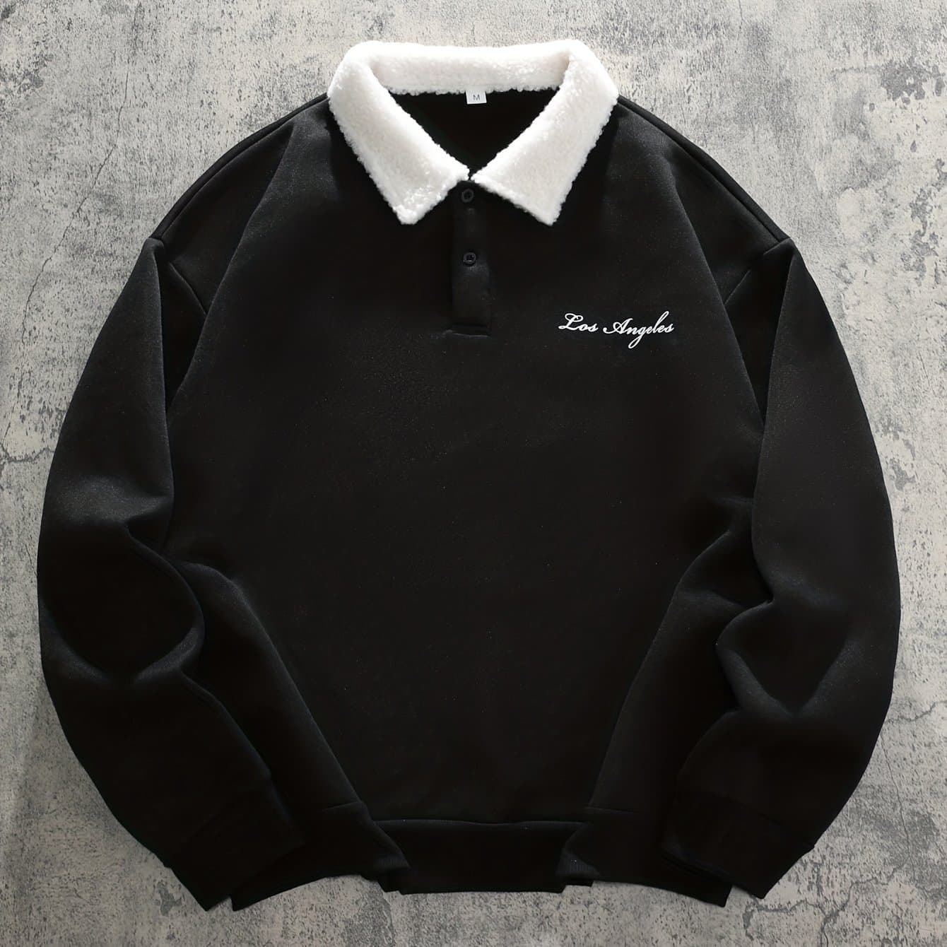 TEMU Black Lapel Sweatshirt, White Plush Collar, Los Angeles Text, Casual Daily Wear