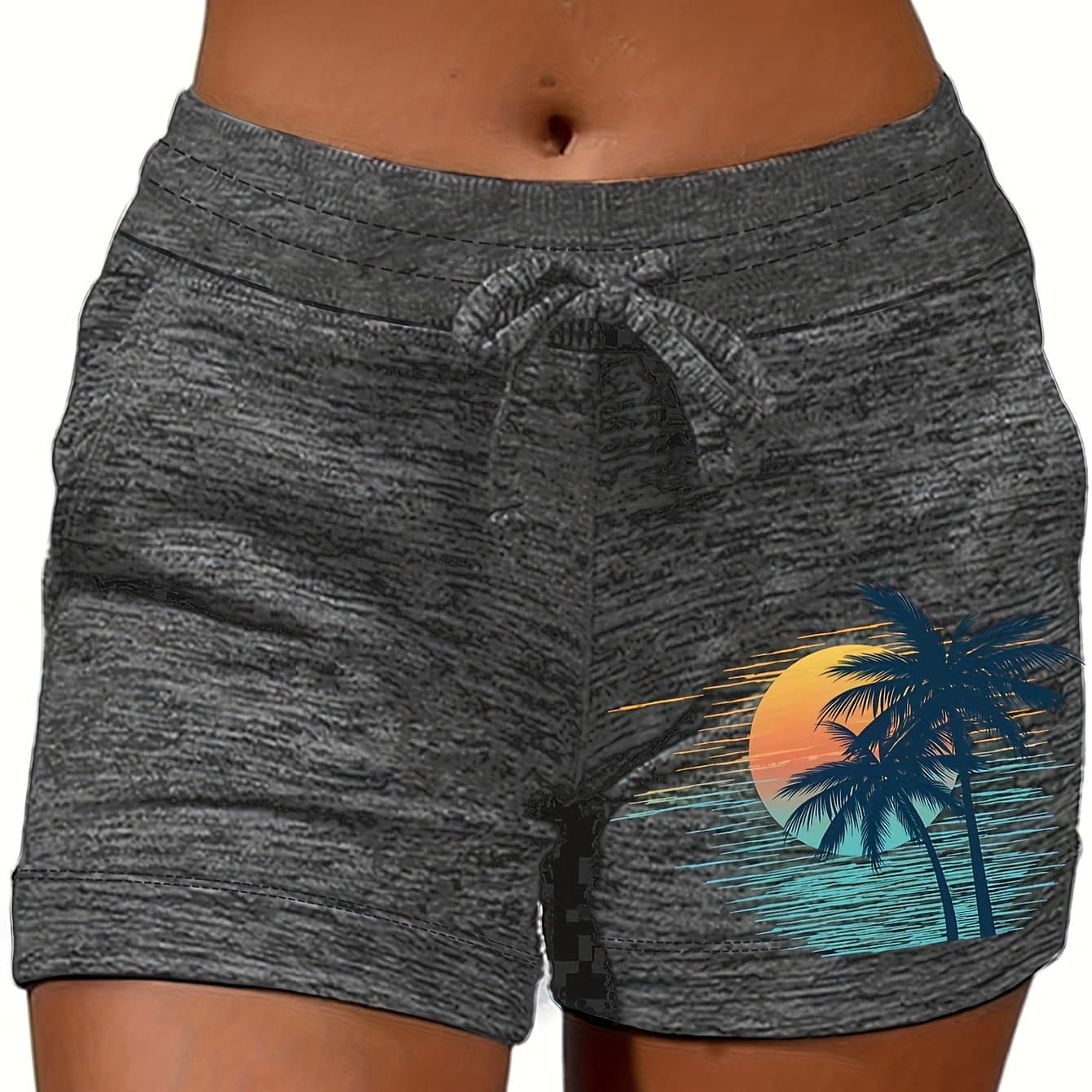 TEMU Women's Dark Gray Overseas Printing Drawstring Shorts- Stretchy Waistband Casual Shorts, Lightweight Daily Wear, Spring, Summer And Fall Home Outwear, Women', Breathable Fabric, For Enthusiasts