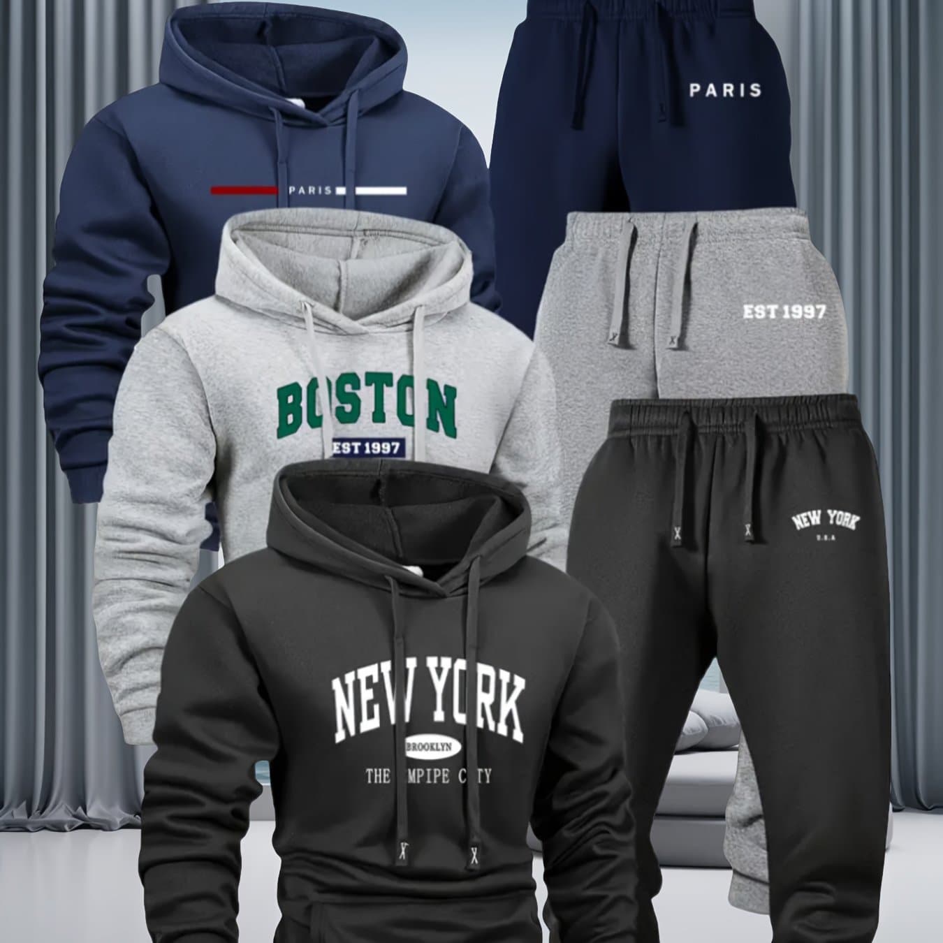 TEMU 6pcs Men's Spring And Autumn Solid Color Casual Set, Long Sleeved Hooded Sweatshirt And Drawstring Pants, Outdoor Sports Casual Set