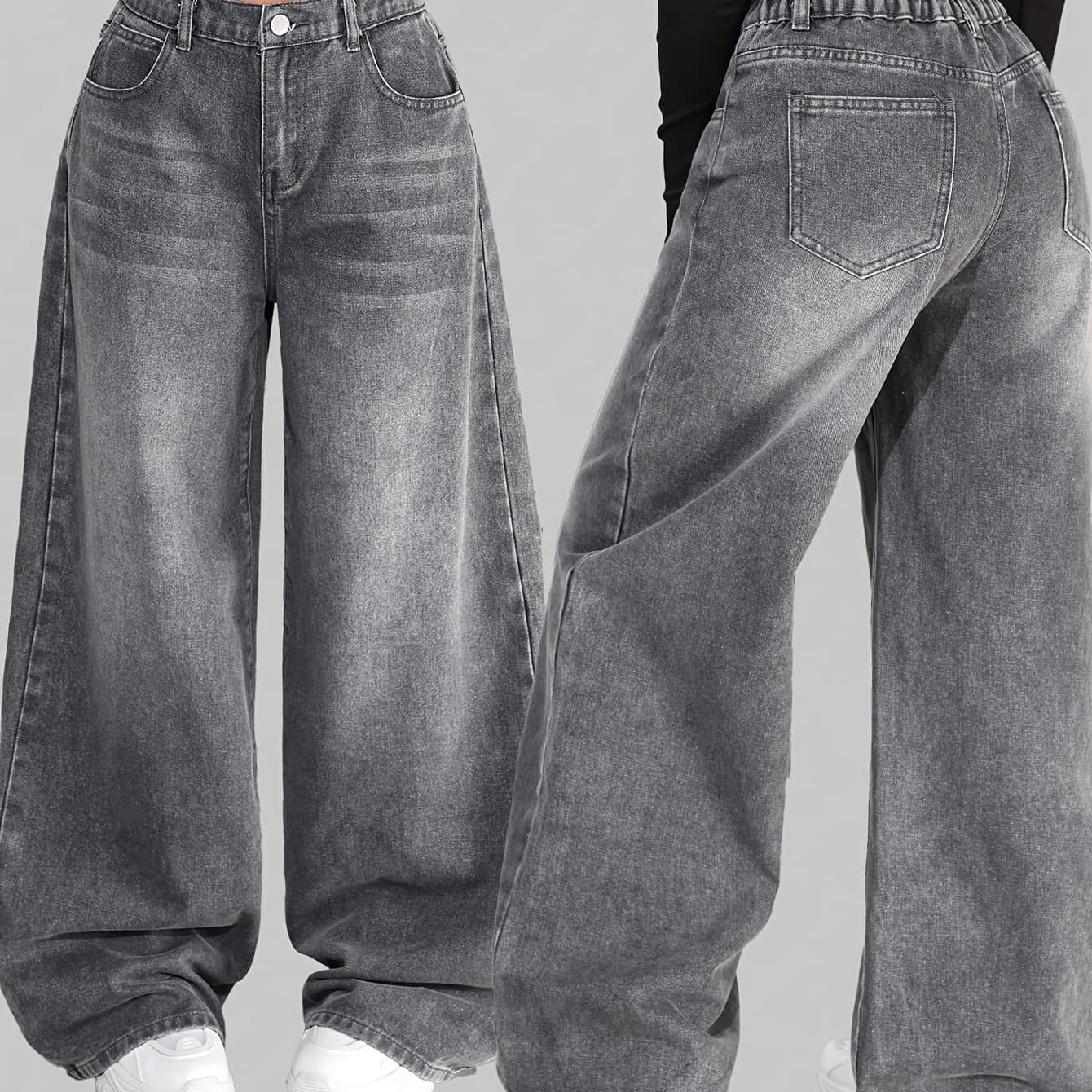 TEMU Teenage Teenager's Y2k Fashionable Retro Gray Washed Low Waist Slanted Pocket Casual Wide Leg Loose Jeans, Suitable For Outdoor Daily Wear, For Teenager, For Teenager