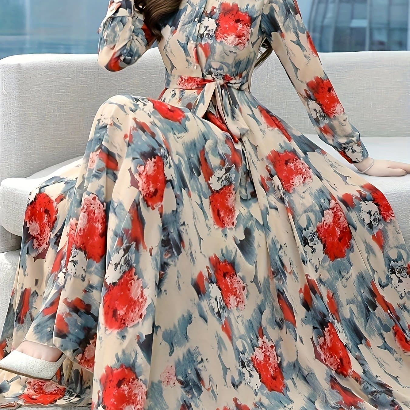 TEMU Chic Floral Maxi Dress With Long Sleeves For Women - Made From, Featuring A Lapel Collar, Suitable For Spring And Fall, A-line Shape, Part Of East Collection