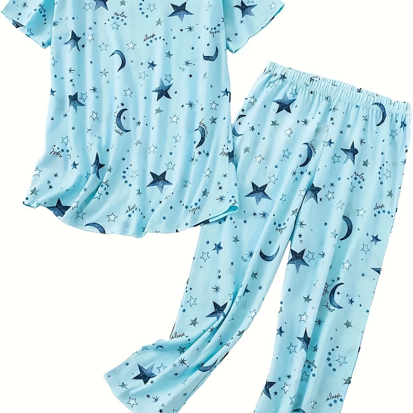 TEMU Moon And Pajama Set, Casual Short Sleeve V-neck Top And Pants, Women's Sleepwear