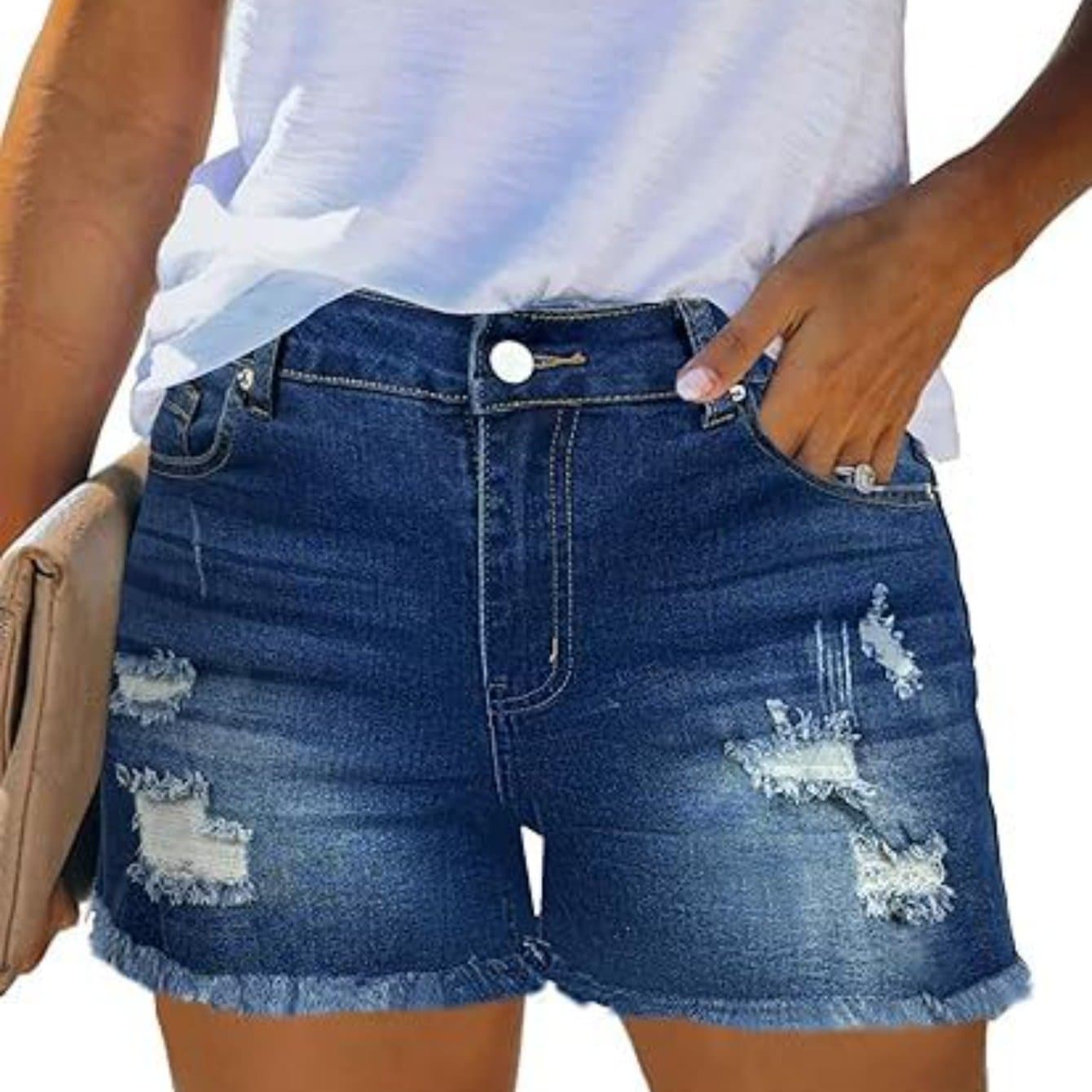 TEMU Summer Women's High-waisted Ripped Denim Shorts, Casual Distressed Hem Jean Shorts For Streetwear And Outfit, Loose Fit Comfortable