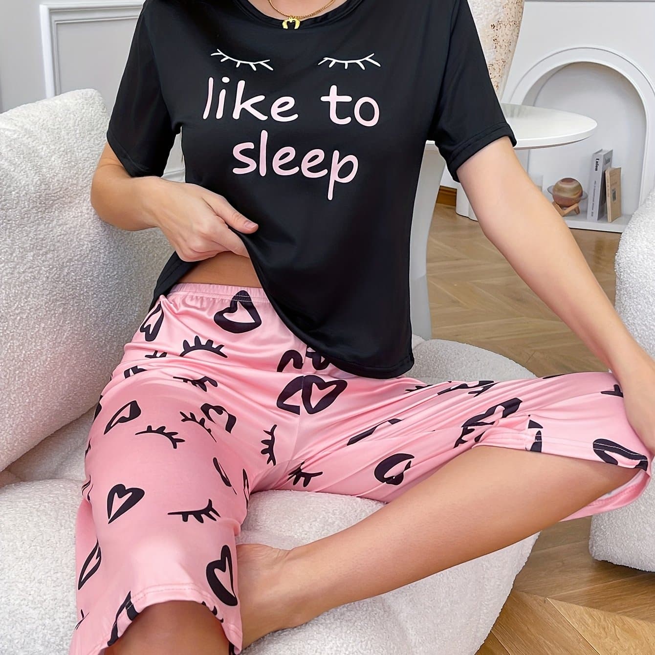 TEMU 2pcs Women's Letter, Eyelash And Heart Print Short Sleeve T-shirt And Capri Pants Pajama Set