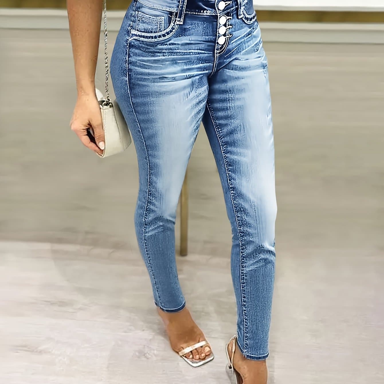 TEMU High- Women's Denim Pants With A Single Button And Button- Design, Featuring A Slanted Front For A , Use And Stylish Women's Attire