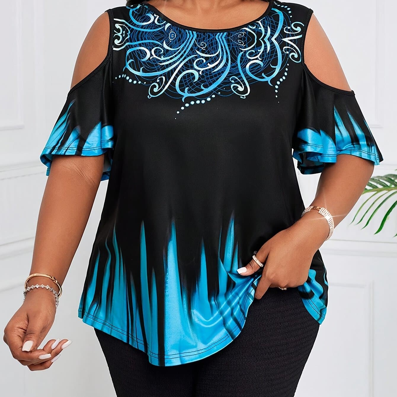 TEMU Plus Size, Plus-size Women's Gradient Print Off-shoulder Short-sleeve T-shirt