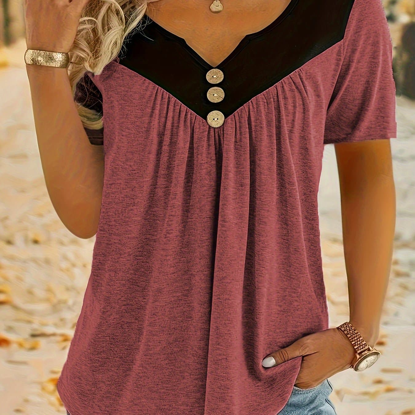 TEMU Plus Size, Summer New Arrival Plus Size Women's Short Sleeve T-shirt, Pleated Button Pullover Loose Top