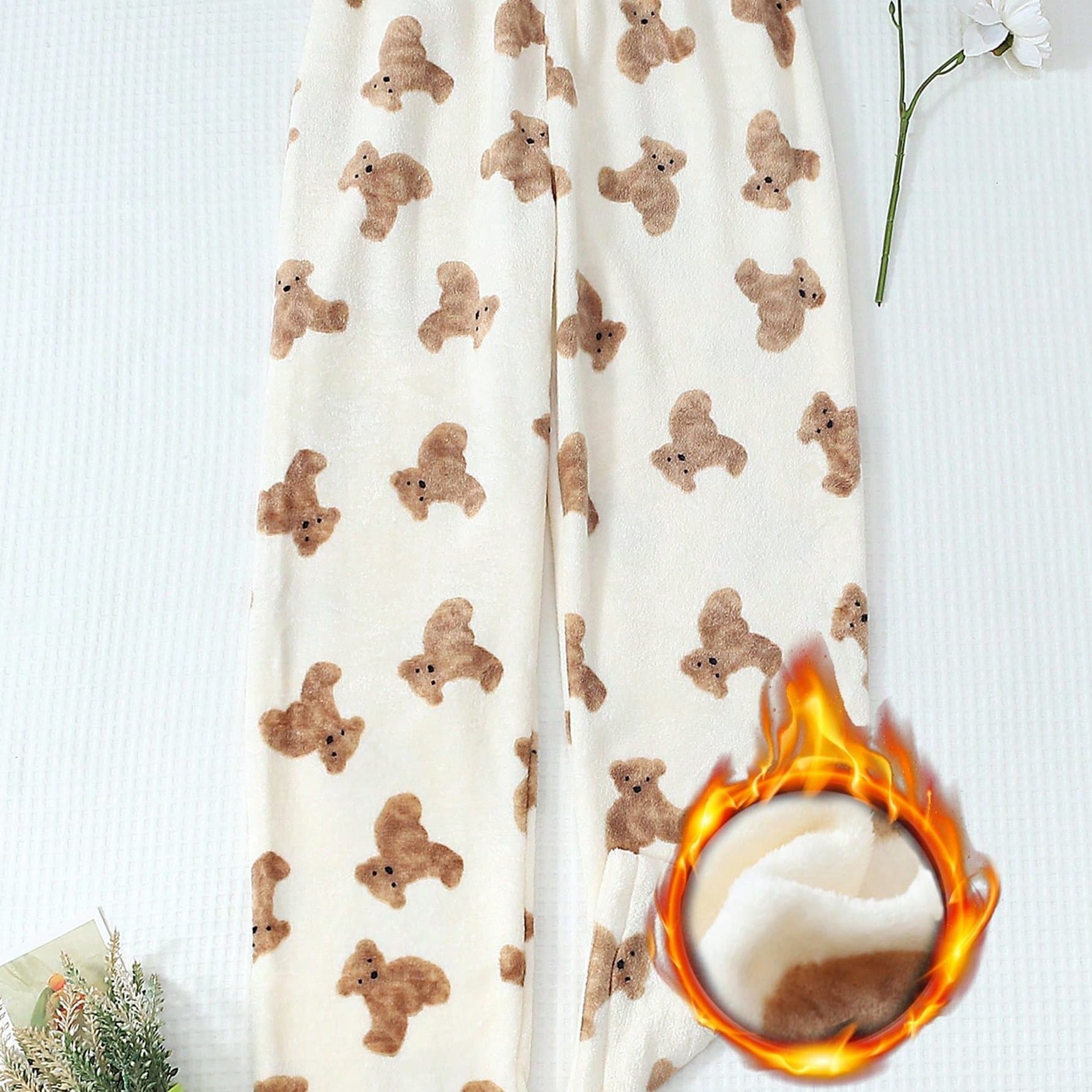 TEMU Women's Winter Thermal Flannel - Print Pajama Leggings With Elastic-free, Hand Washable Non-stretch Pajatrousers For S, Cute Teddy Bear Pattern Lounge Wear (brown/beige)