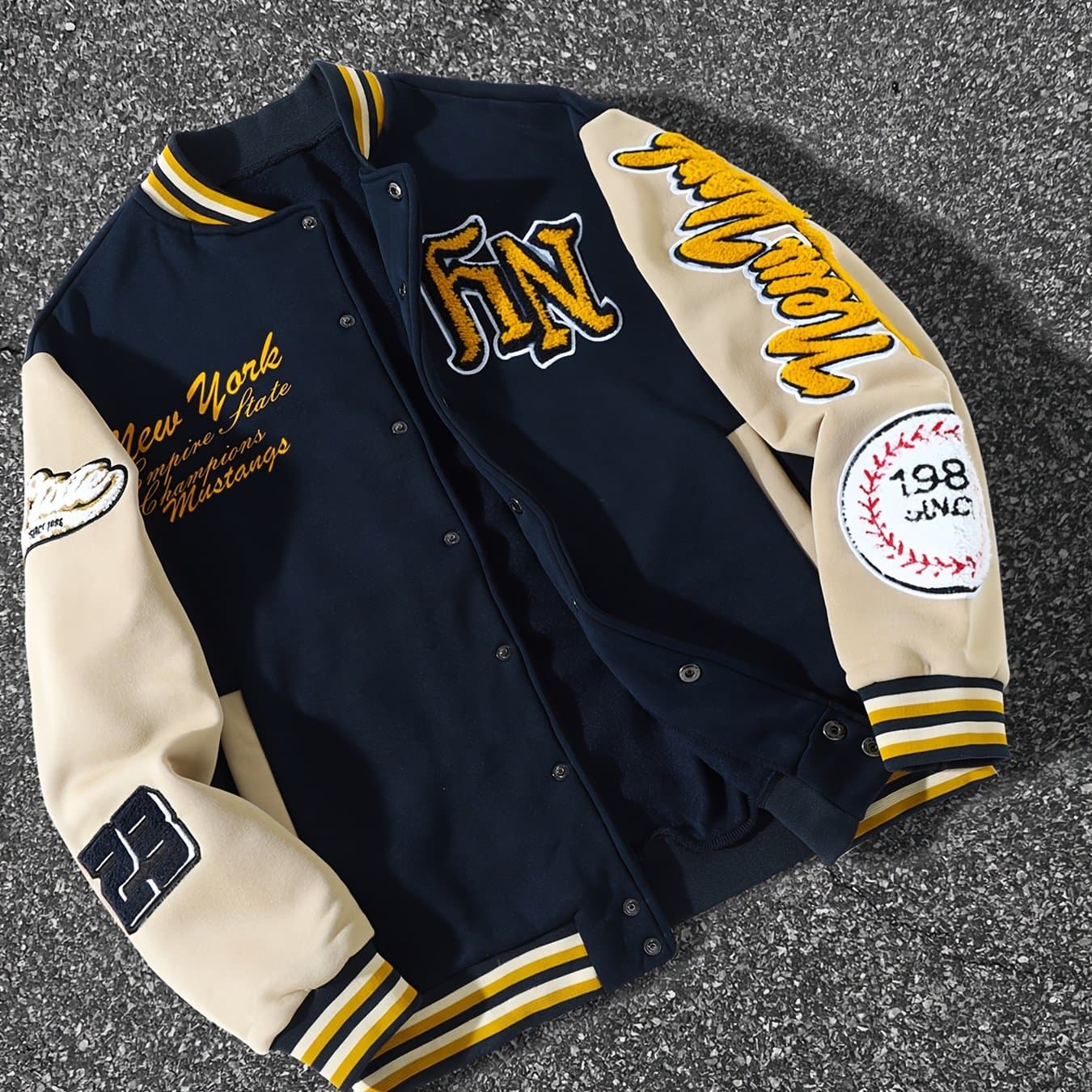 TEMU 's Baseball Jacket Street Style -lined Embroidered Ny Letter Baseball Jacket