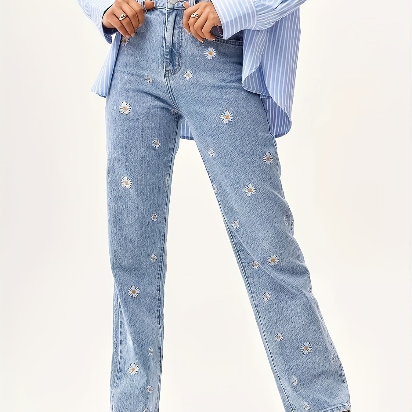 TEMU New High-waisted Plus-size Women's Fashion Straight-leg Pants With Slim Embroidery, Suitable For All , In Light Blue Denim